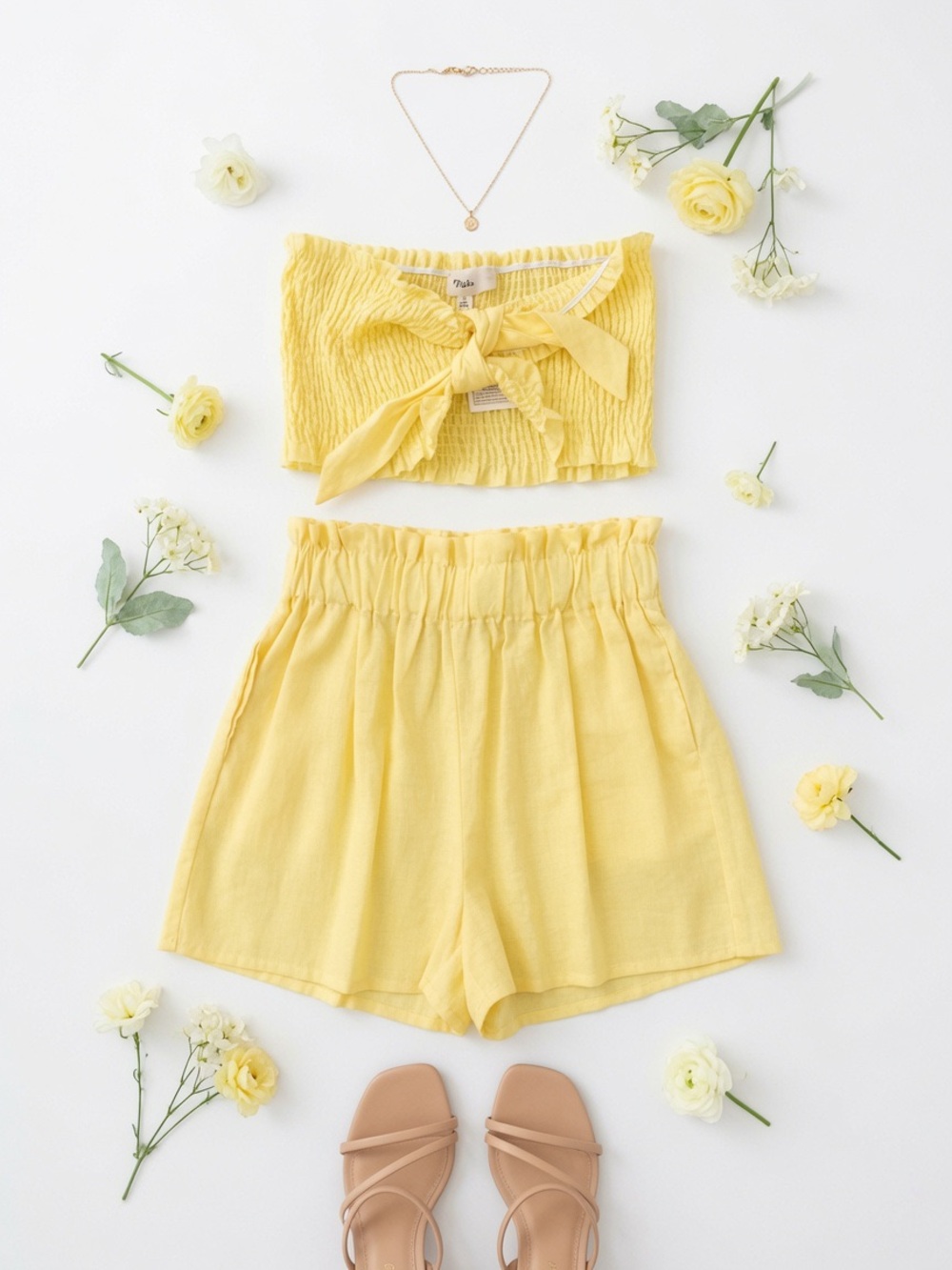 Yellow Smocked High-Waist Shorts Set- Women's